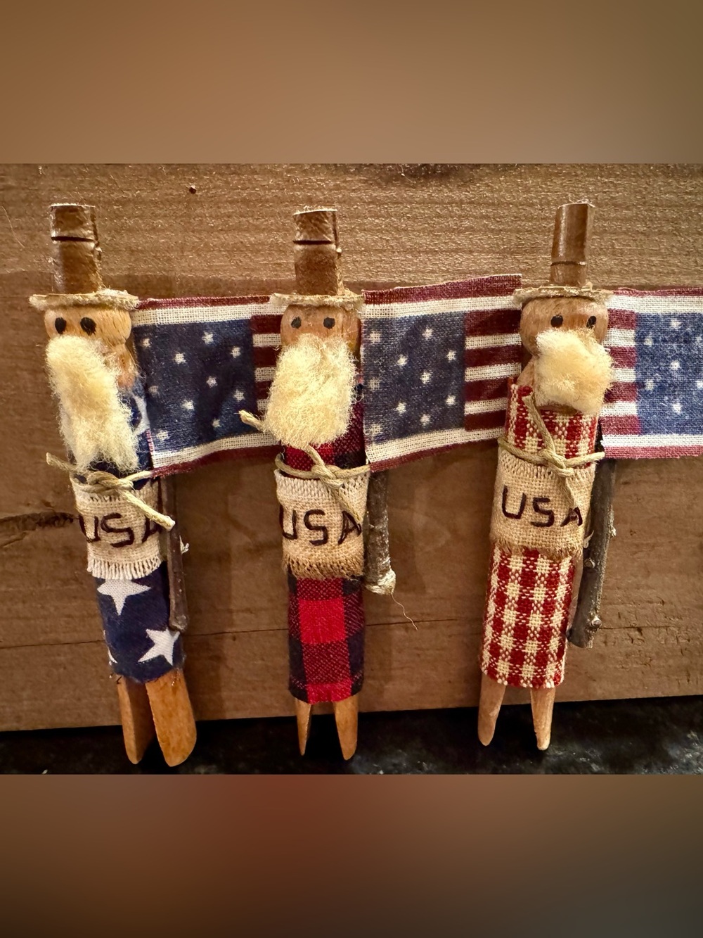 Patriotic Primitive USA Rustic Wooden Clothespin Dolls Uncle Sam Set of 3